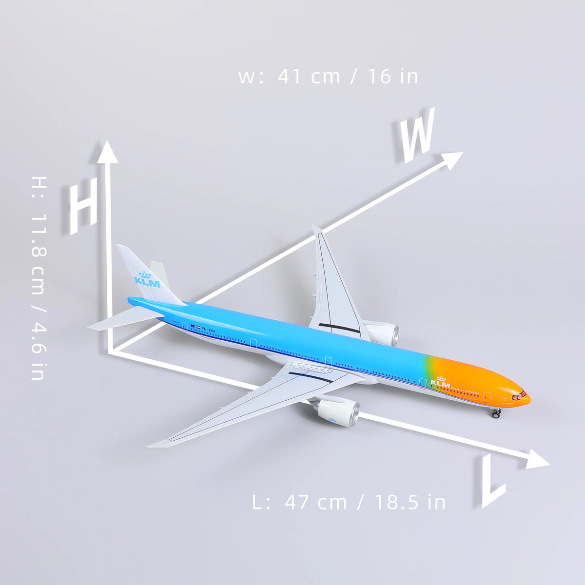 QIYUMOKE Boeing 777-300ER model dimensions, top view with measurements displayed
