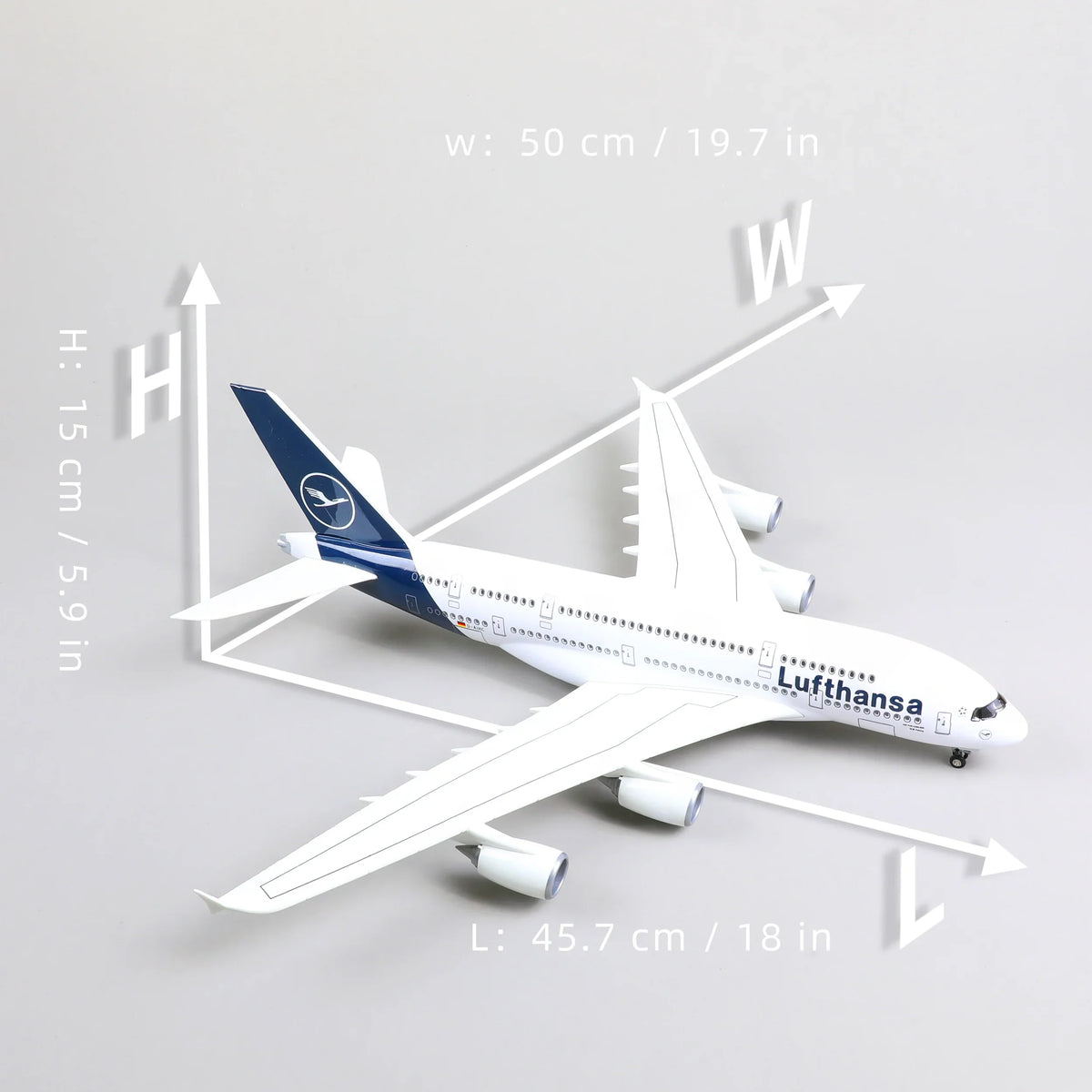 QIYUMOKE Airbus A380 Lufthansa model with dimensions displayed on a flat surface