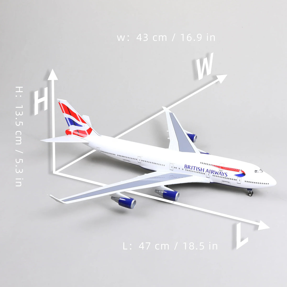 QIYUMOKE Boeing 747 diecast airplane model in British Airways livery, top view with dimensions shown