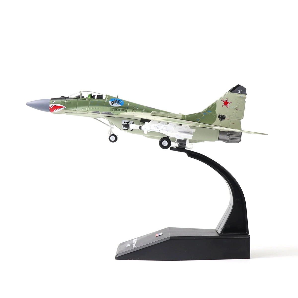 NUOTIE 1/100 Mikoyan MiG-29 Fulcrum diecast model in green with stand, front view