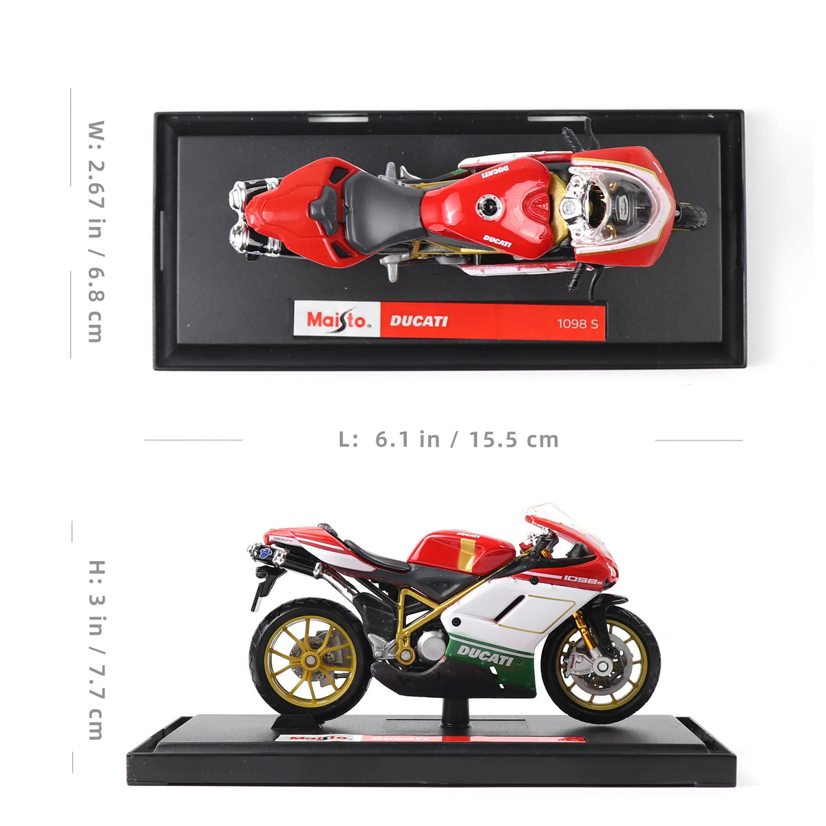 Maisto Ducati 1098S motorcycle model displayed on a stand, top view