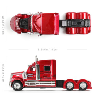 Top view of red die-cast International Lonestar container semi truck model with dimensions labeled.