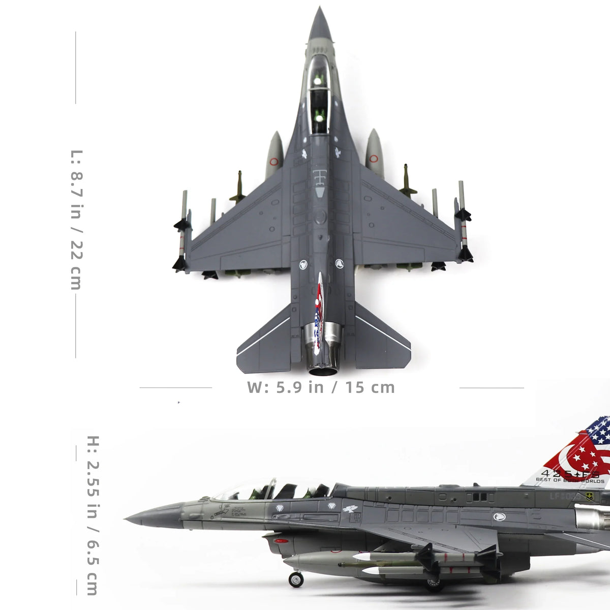 NUOTIE F-16D Fighting Falcon diecast model top view, Singapore Air Force, detailed dimensions