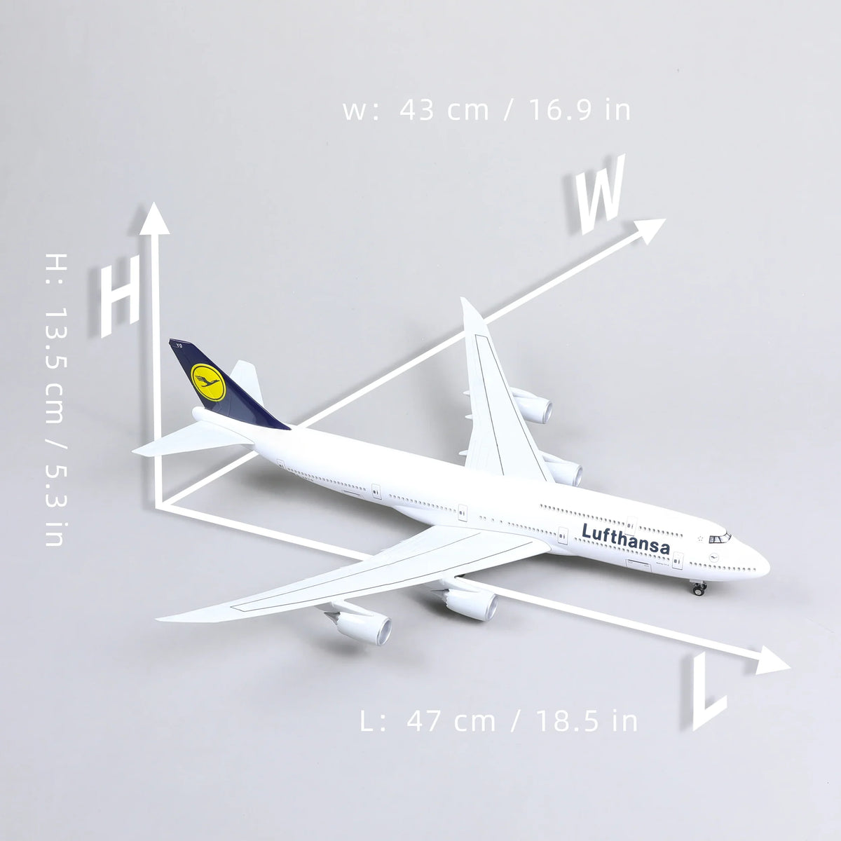QIYUMOKE Boeing 747 Lufthansa diecast airplane model top view with dimensions
