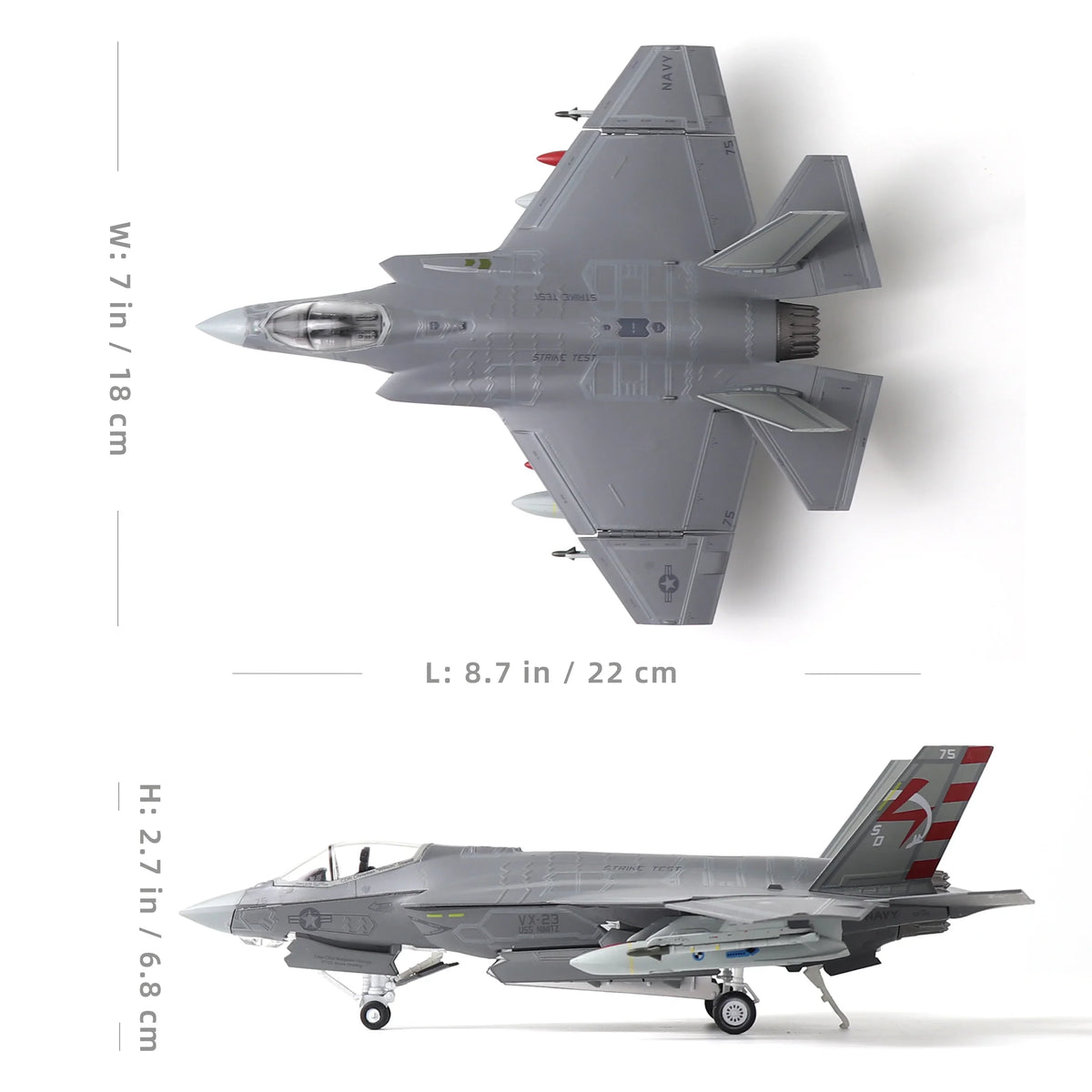 NUOTIE F-35C Lightning II diecast model in navy, top view with dimensions