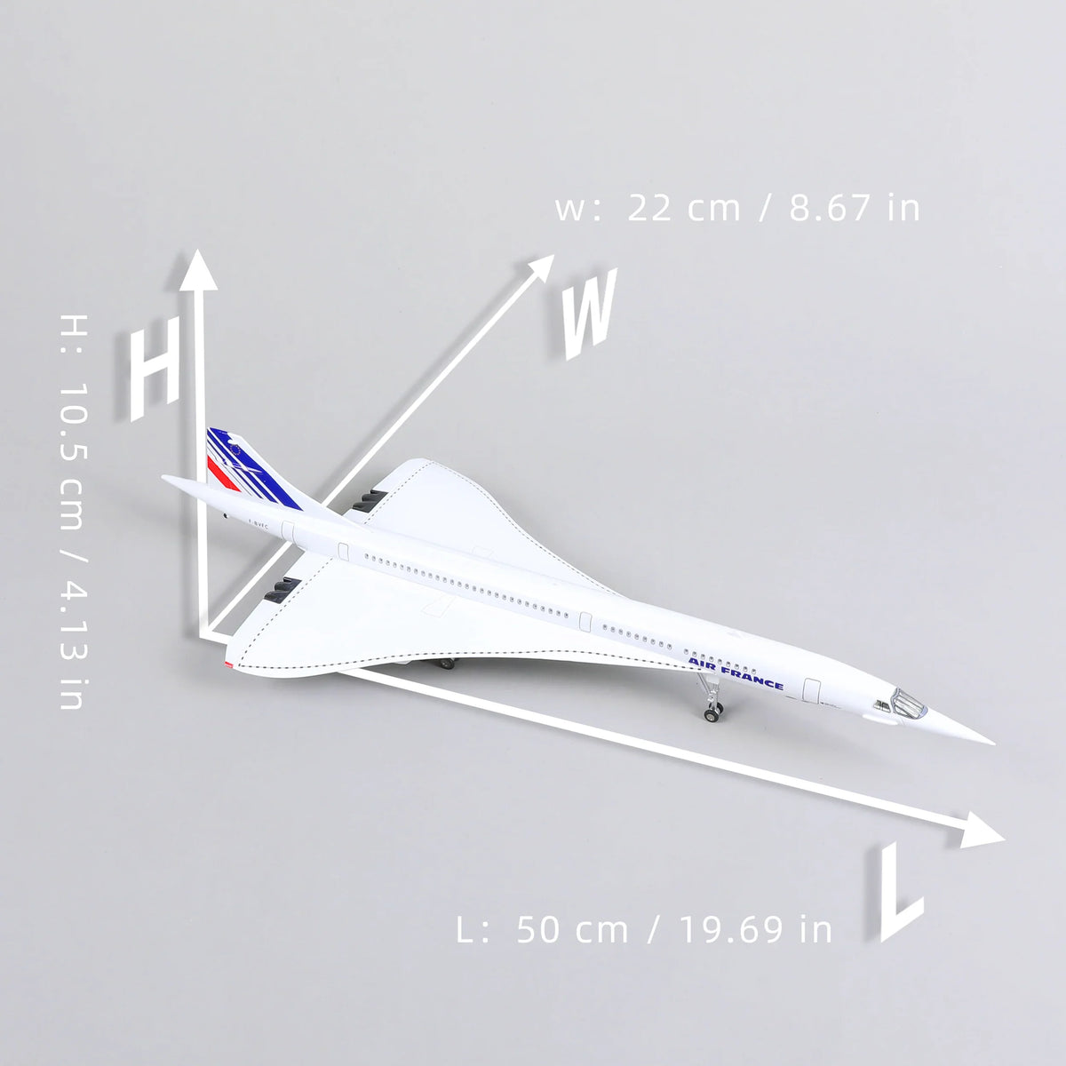 QIYUMOKE Concorde Air France diecast airplane model with dimensions labeled on a gray background
