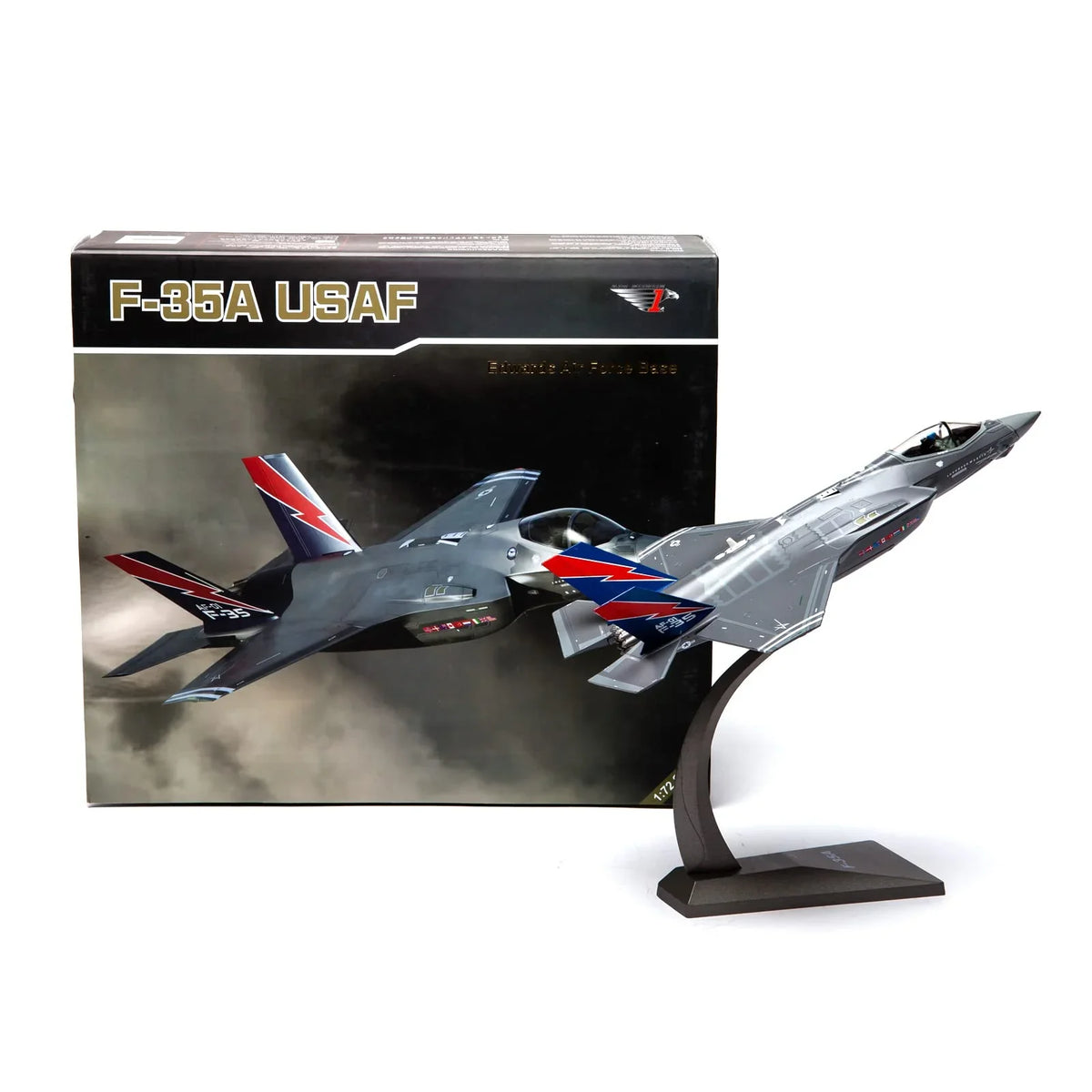 NUOTIE F-35A Lightning II diecast model in navy with stand, side view, packaging included.