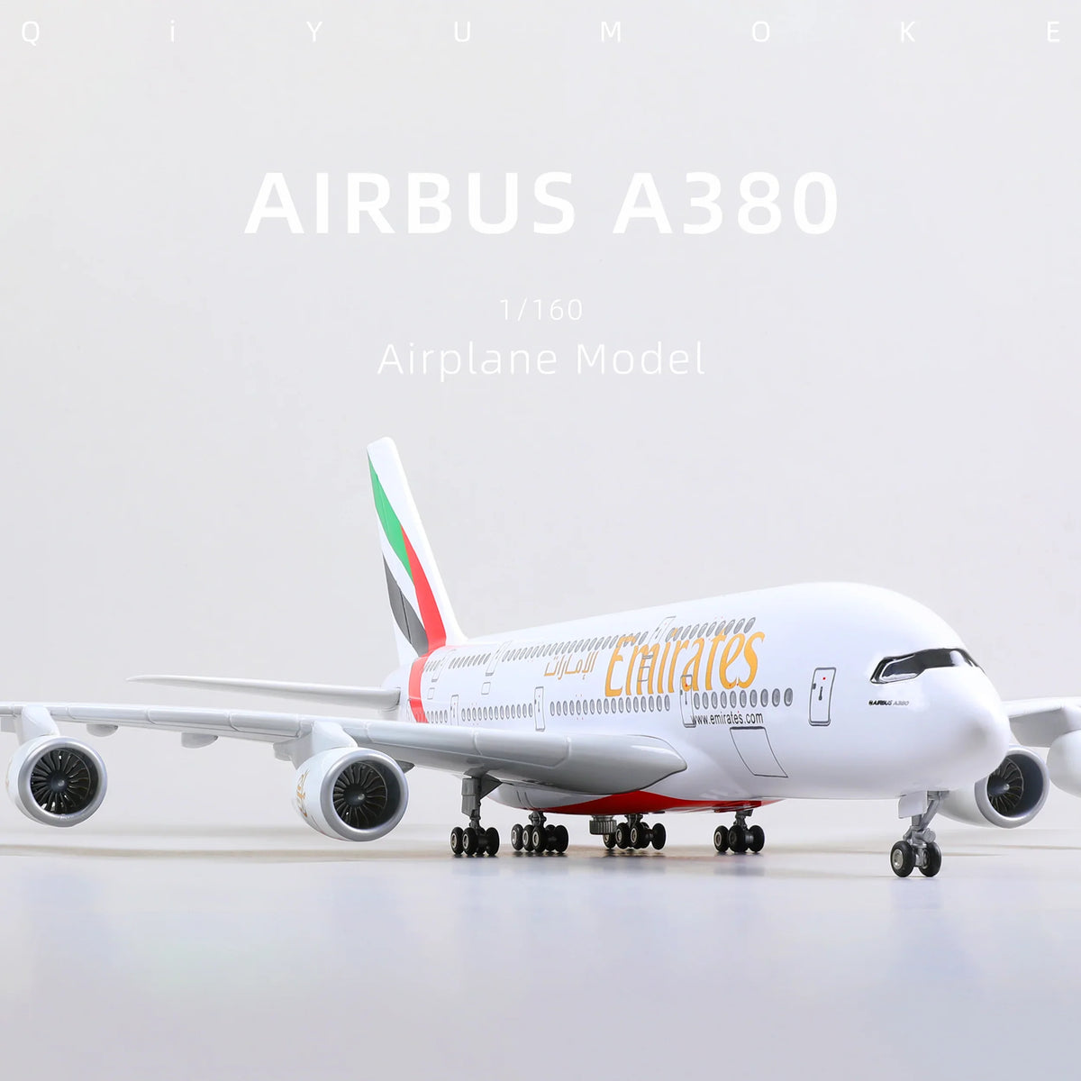QIYUMOKE Airbus A380 Emirates diecast airplane model front view on a flat surface