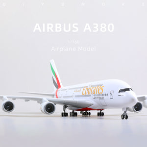 QIYUMOKE Airbus A380 Emirates diecast airplane model front view on a flat surface