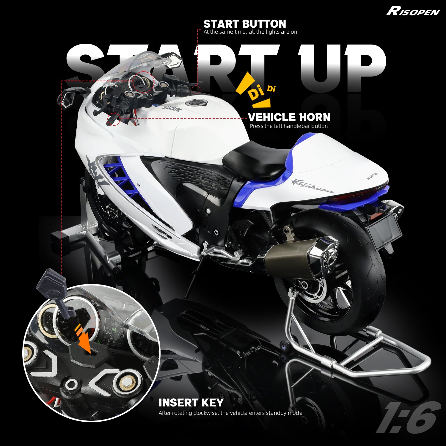 Close-up of Suzuki Hayabusa motorcycle model showing start button and key insert area with detailed features.