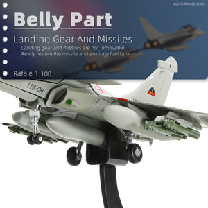 NUOTIE Model Dassault Rafale B diecast model in navy, belly view showcasing landing gear and missiles
