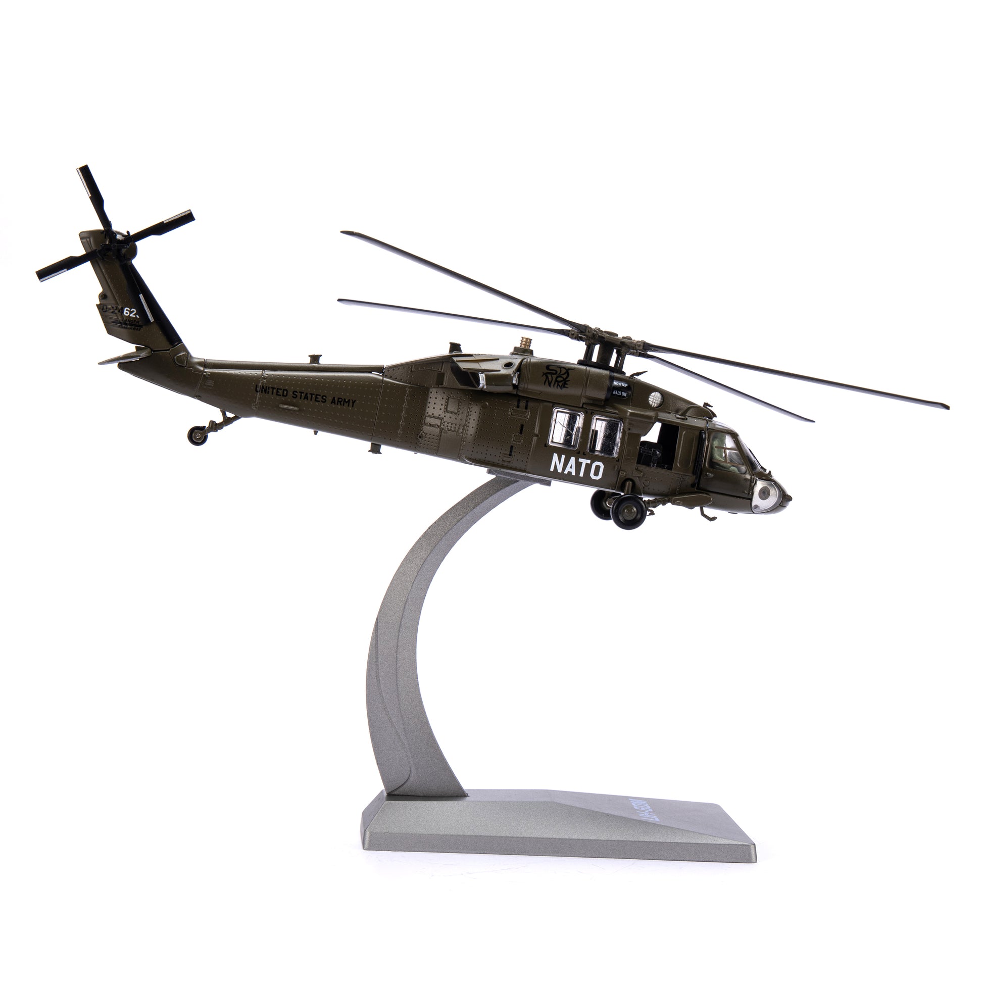 NUOTIE Model Sikorsky UH-60 Black Hawk diecast metal model in black and navy with stand, angled view