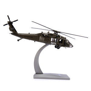 NUOTIE Model Sikorsky UH-60 Black Hawk diecast metal model in black and navy with stand, angled view