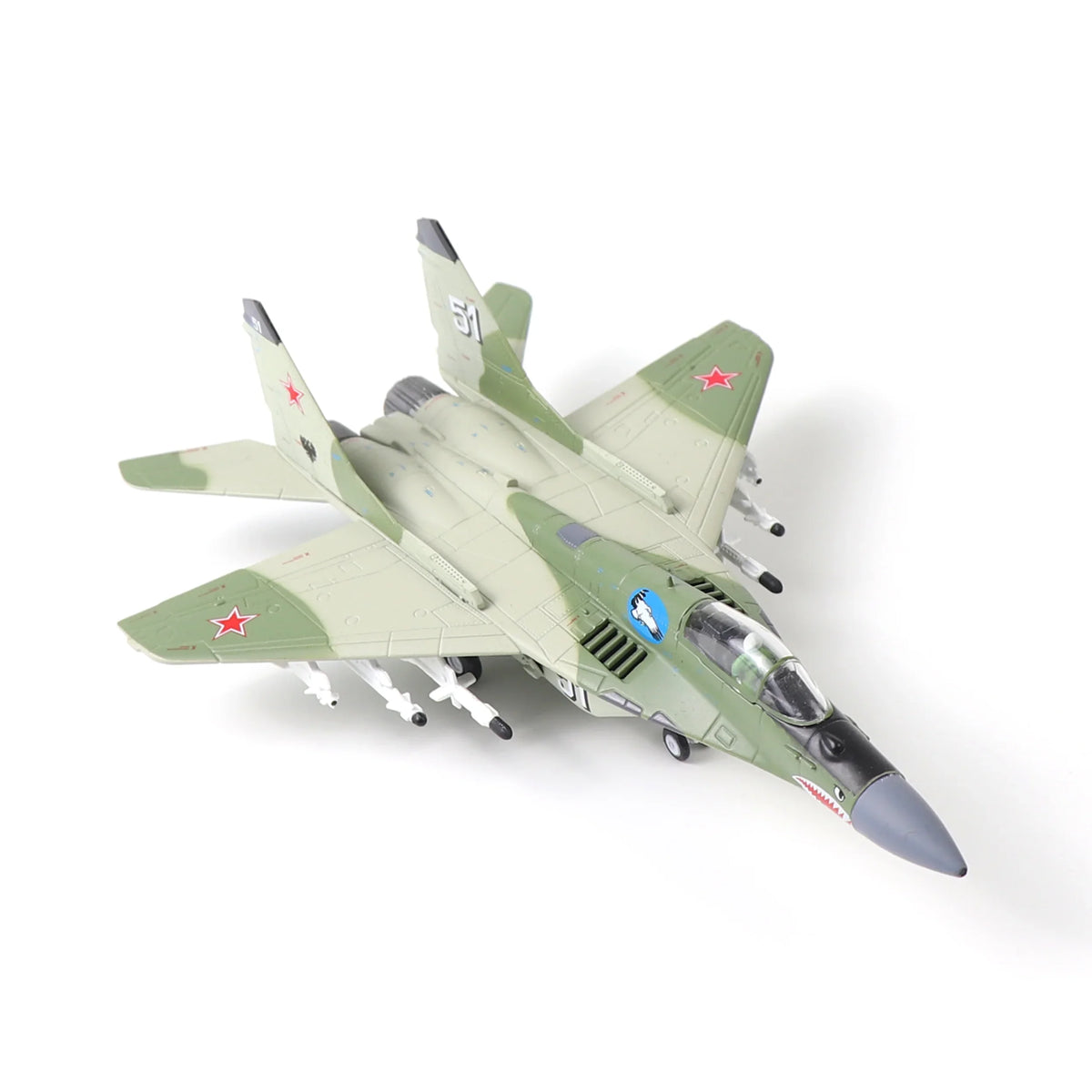 NUOTIE 1/100 Mikoyan MiG-29 Fulcrum diecast model in green, top view