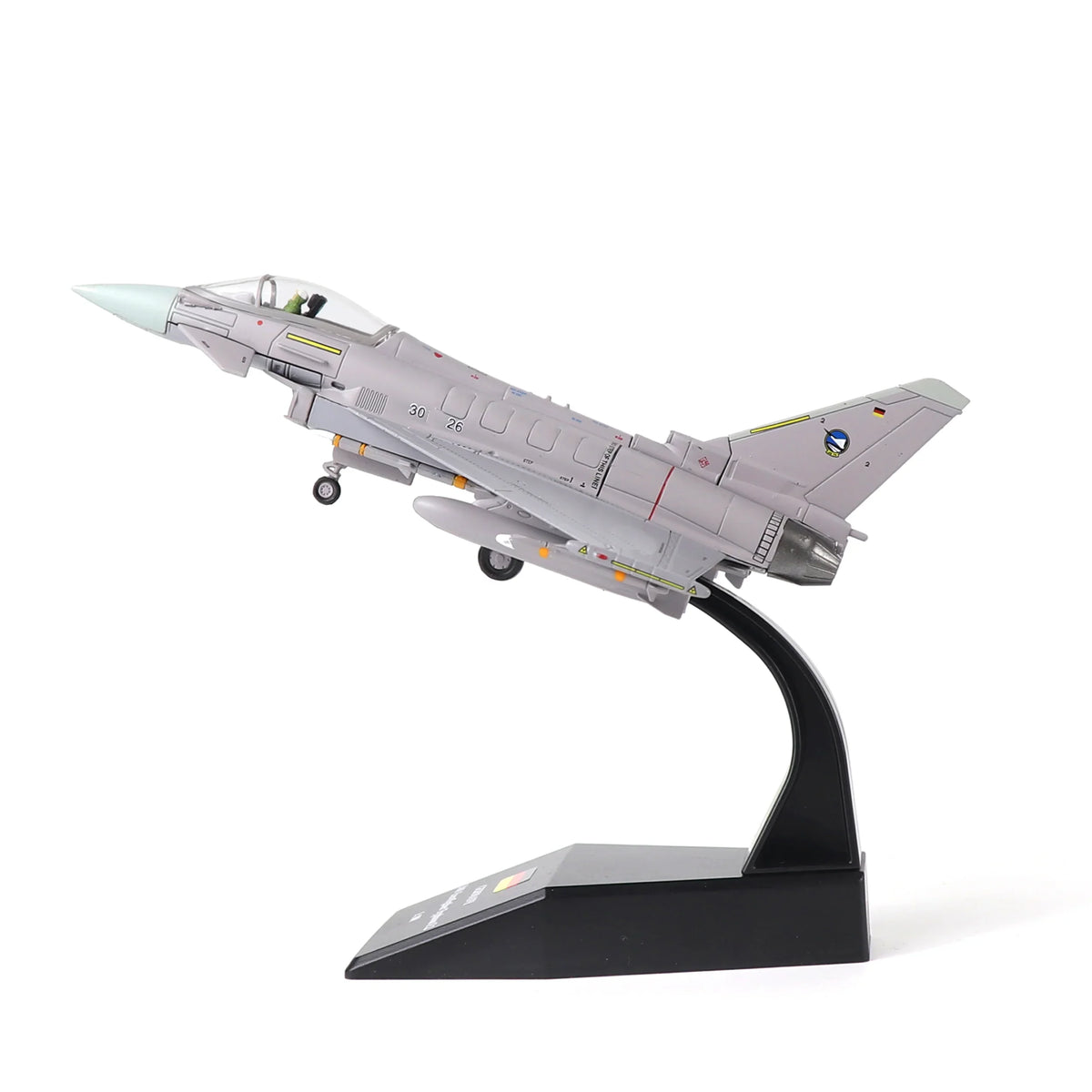 NUOTIE Eurofighter Typhoon EF-2000 diecast model aircraft in gray with stand, angled front view