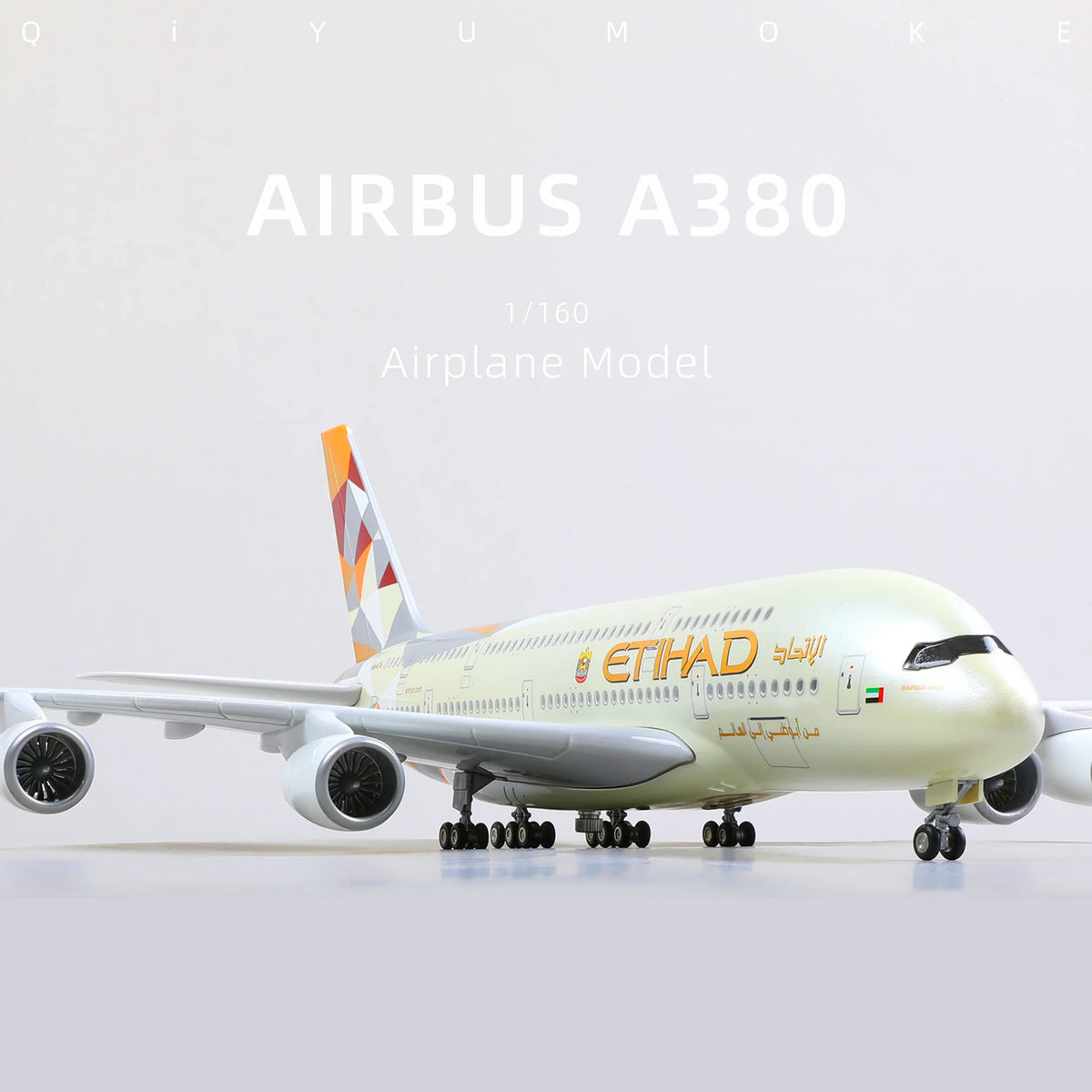 QIYUMOKE Airbus A380 Etihad Airways diecast airplane model front view on a white background