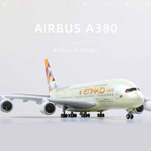 QIYUMOKE Airbus A380 Etihad Airways diecast airplane model front view on a white background