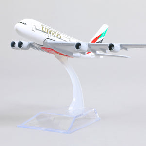 QIYUMOKE Emirates Airbus A380 model side profile on clear display stand