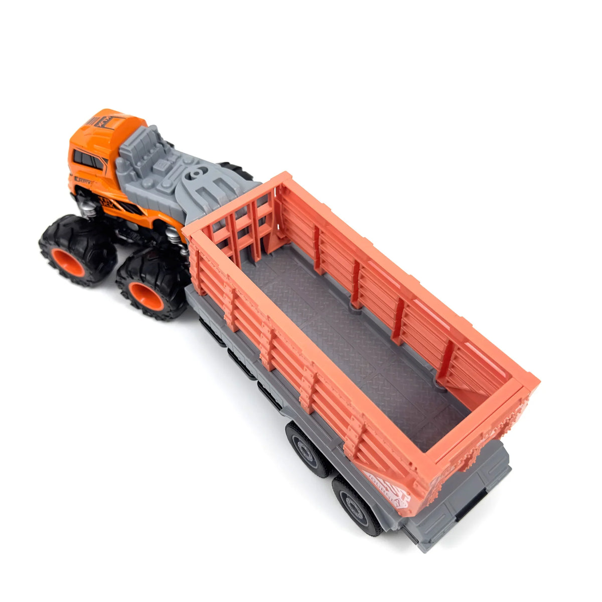 RISOPEN 1:43 die-cast orange dump truck model with oversized tires and a cargo bed