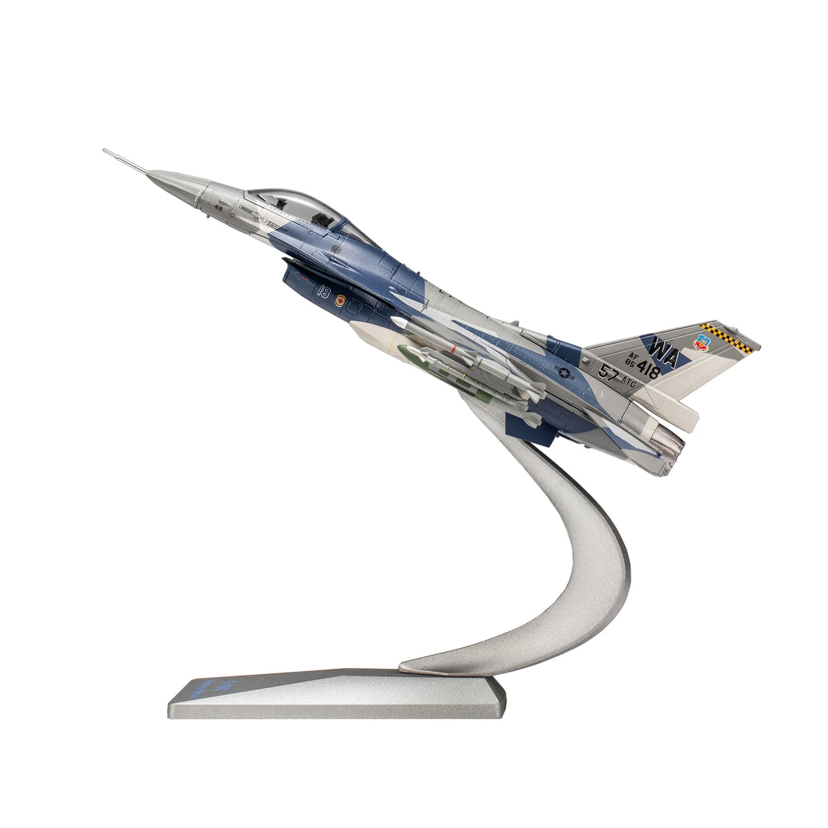 NUOTIE F-16C Fighting Falcon model in splinter camo, angled upward on a display stand