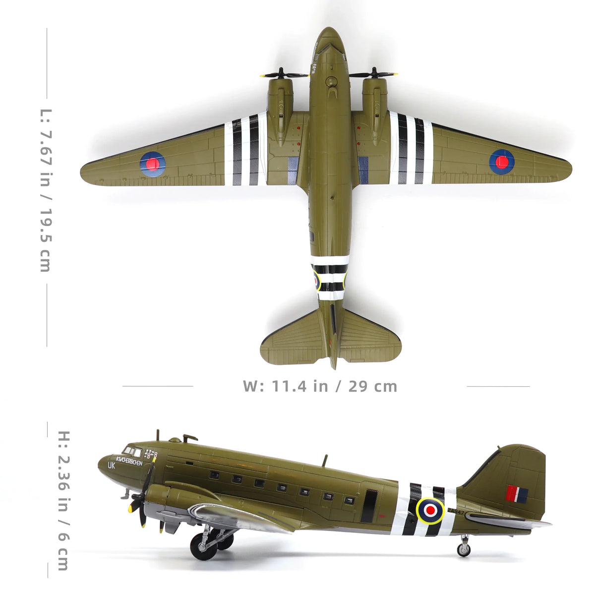 NUOTIE Model Douglas C-47 Dakota Mk III diecast metal aircraft top view with dimensions