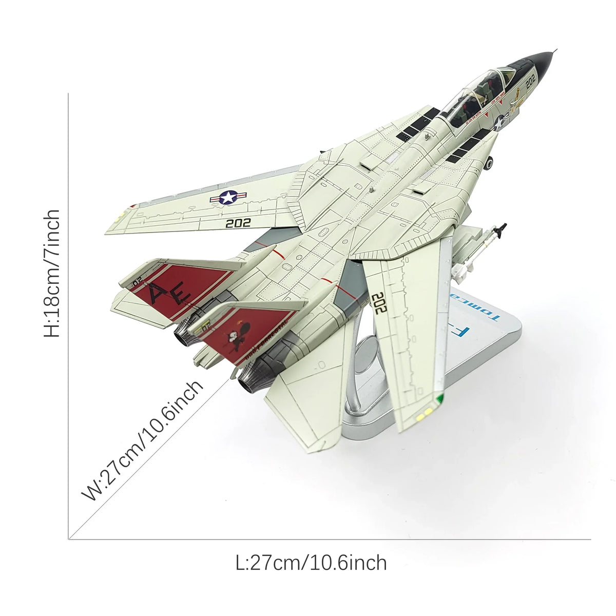 NUOTIE Model F-14A Tomcatters fighter model in navy color, top view with dimensions
