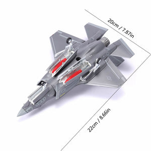 NUOTIE F-35A Lightning II diecast model in gray, top view showing dimensions and details