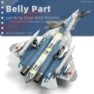 NUOTIE Model Sukhoi SU-57 Felon green diecast metal aircraft model, underside view highlighting landing gear and missiles