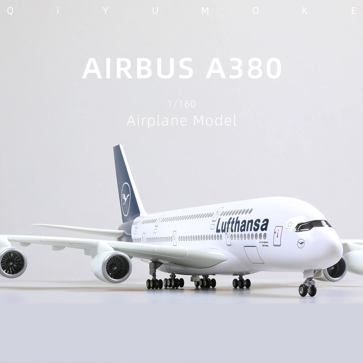 QIYUMOKE Airbus A380 Lufthansa airplane model front view on a white background