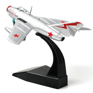 NUOTIE Model MiG-15 Fishbed diecast metal aircraft with red accents, side view on stand
