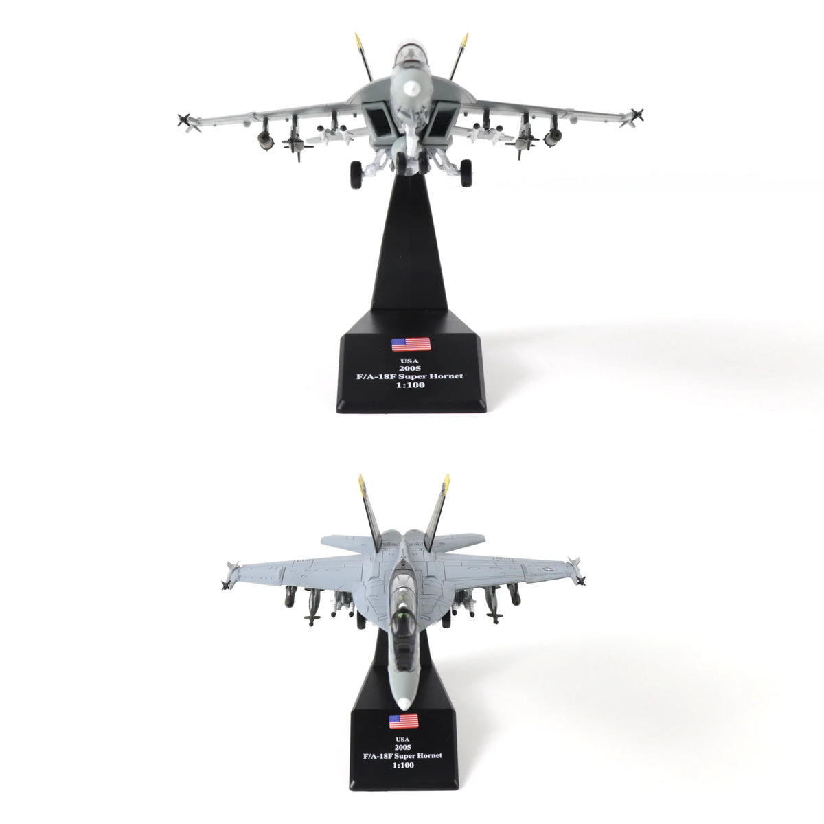 NUOTIE F/A-18 Super Hornet model in navy, black, and white, top view on display stand
