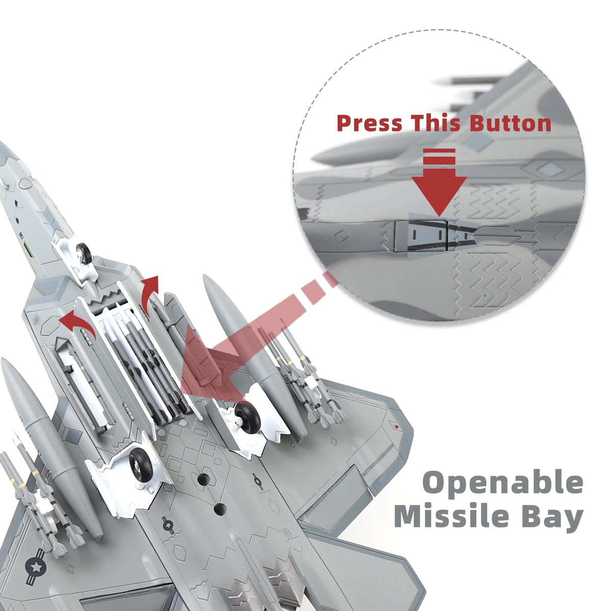NUOTIE F-22 Raptor diecast metal model with openable missile bay, close-up detail