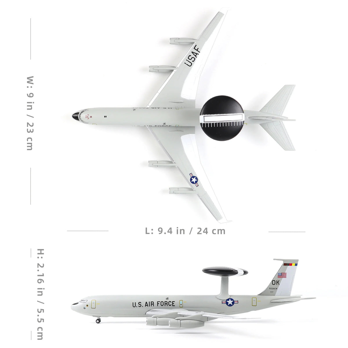NUOTIE Model E-3 Sentry AWACS aircraft side view with dimensions