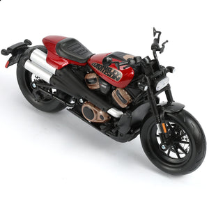 Top view of Maisto 1/12 scale Harley-Davidson 2024 Sportster S diecast bike replica in red and black with silver details.