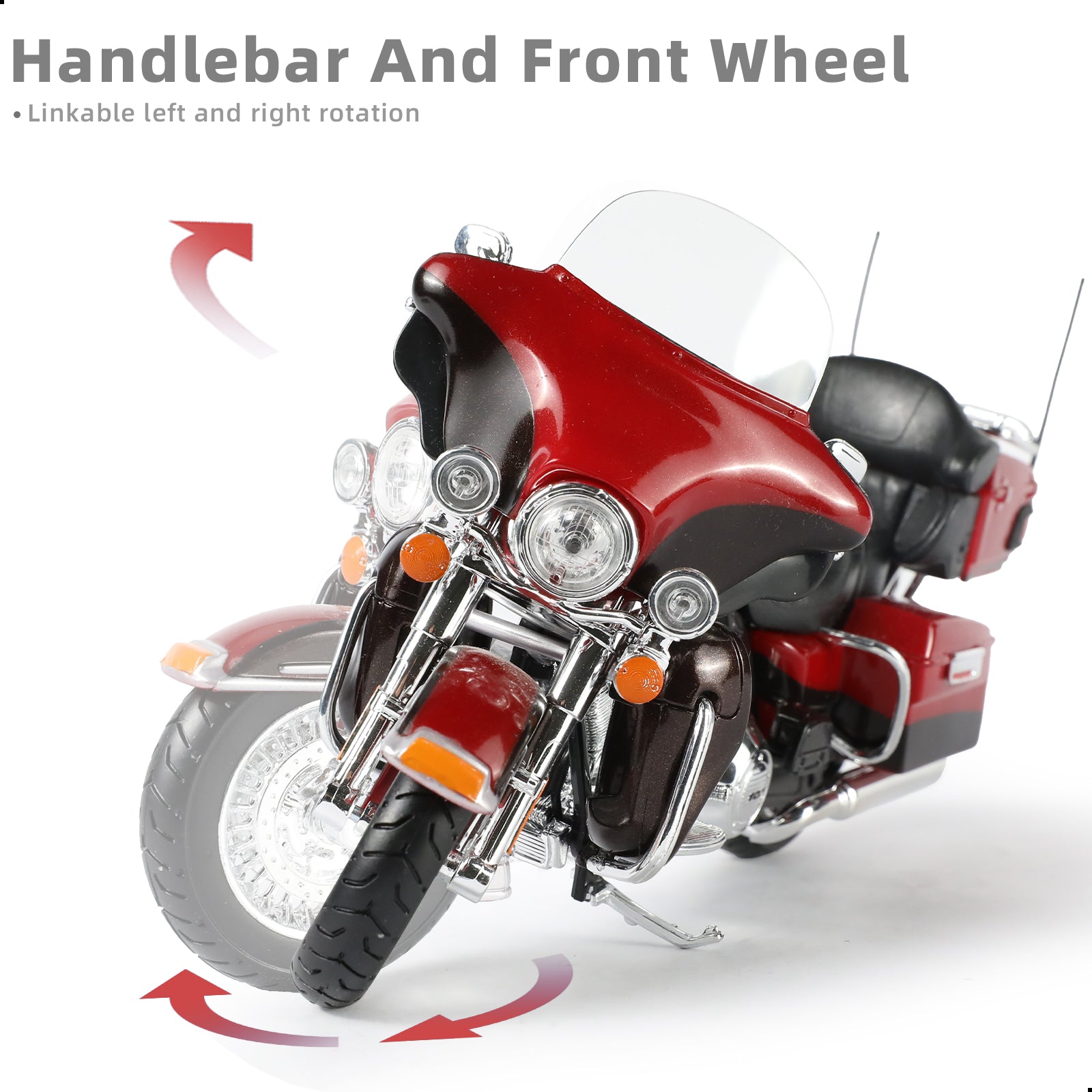 Maisto Electra Glide Ultra Limited motorcycle toy in red with linkable handlebars, front view