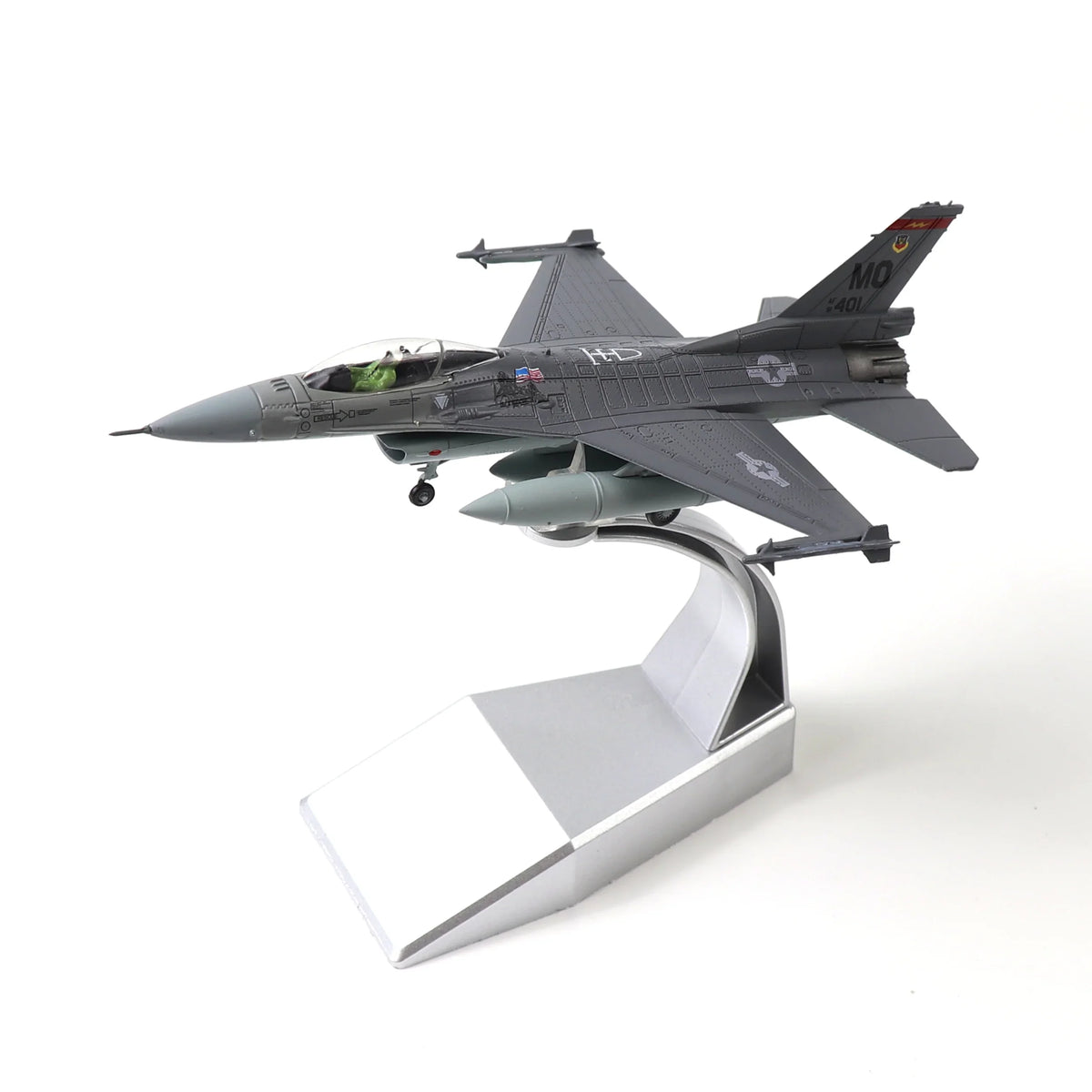 NUOTIE F-16C Fighting Falcon diecast model in gray on display stand, angled view