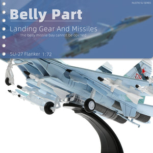 NUOTIE Diecast Metal Su-27 Flanker model aircraft underside view showing landing gear and missiles