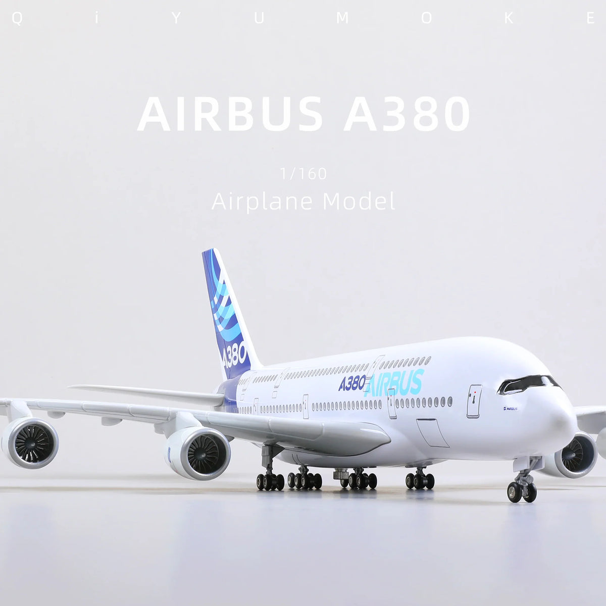 QIYUMOKE Airbus A380 diecast model, front view showcasing detailed design