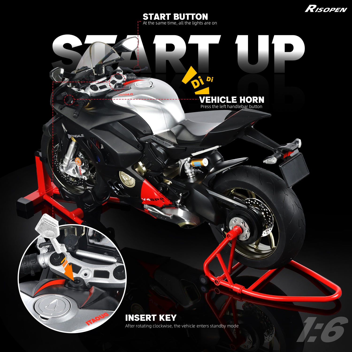 Ducati Panigale V4 SP2 motorcycle model highlighting start button, vehicle horn, and key insertion area.