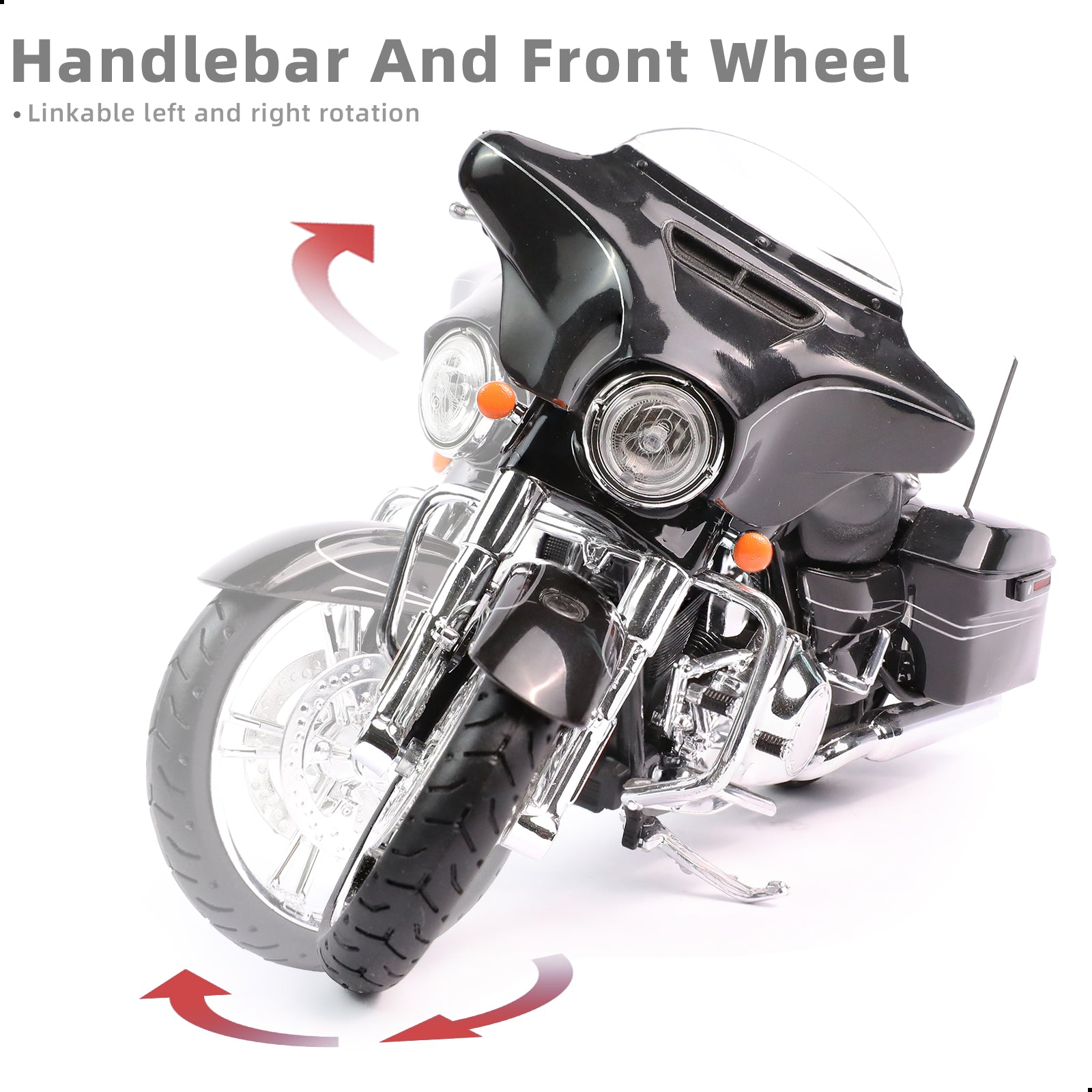 Maisto 2015 Street Glide Special motorcycle toy with linkable handlebars and front wheel, front view