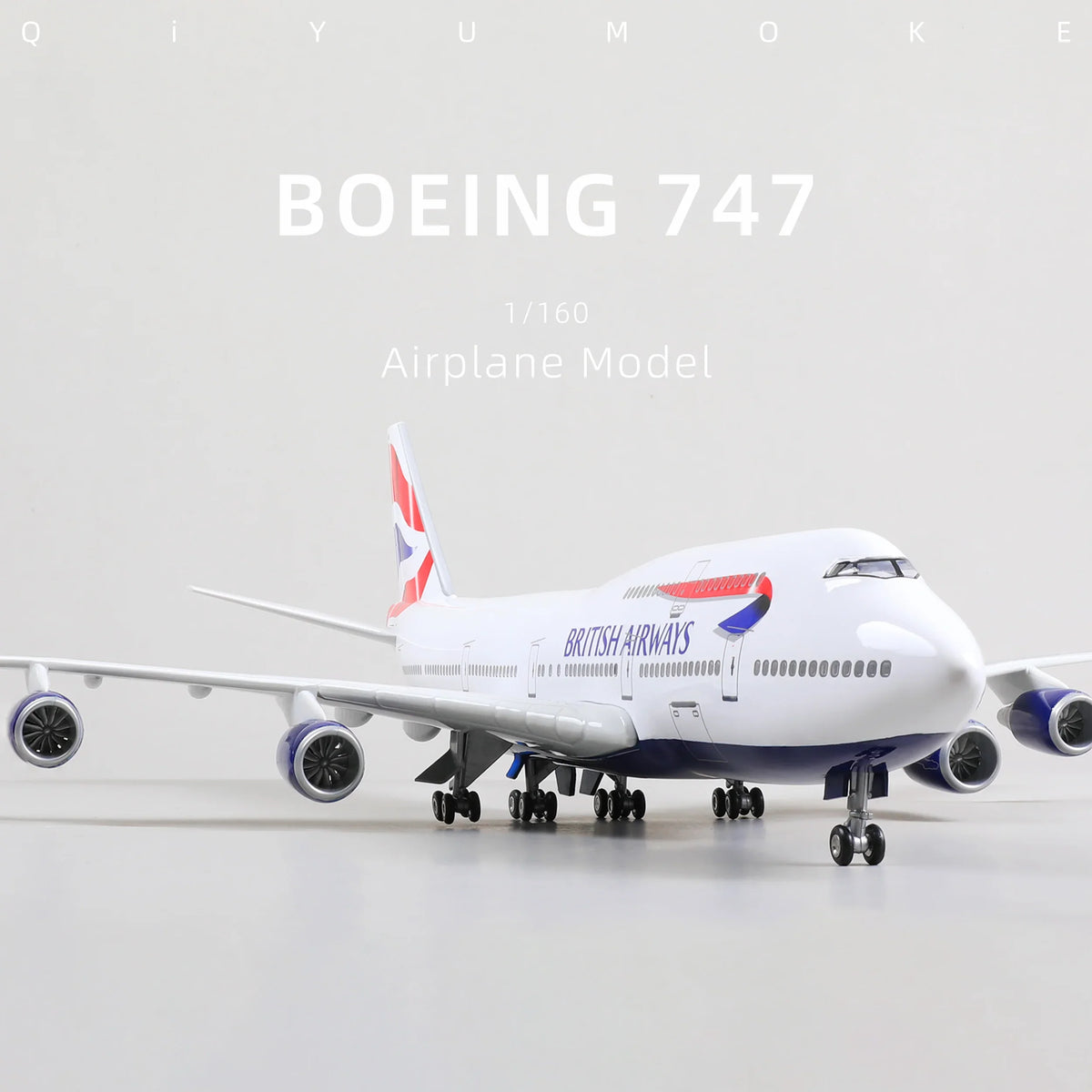QIYUMOKE Boeing 747 diecast airplane model in British Airways livery, front view showcasing details