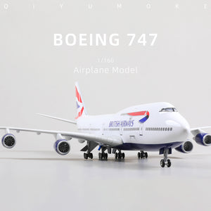 QIYUMOKE Boeing 747 diecast airplane model in British Airways livery, front view showcasing details