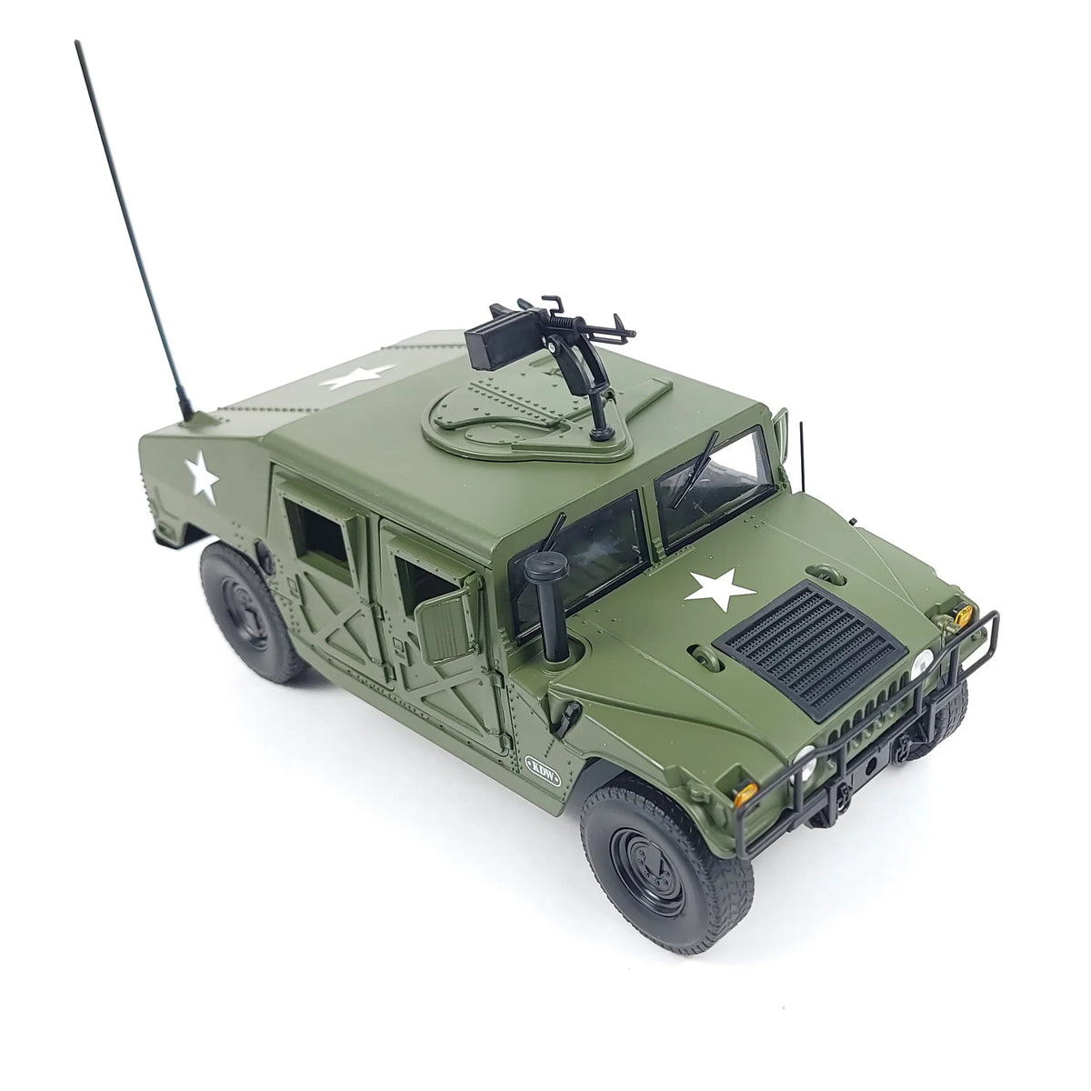 1:18 scale model of a green Hummer H1 military armored truck with a mounted gun and antenna.