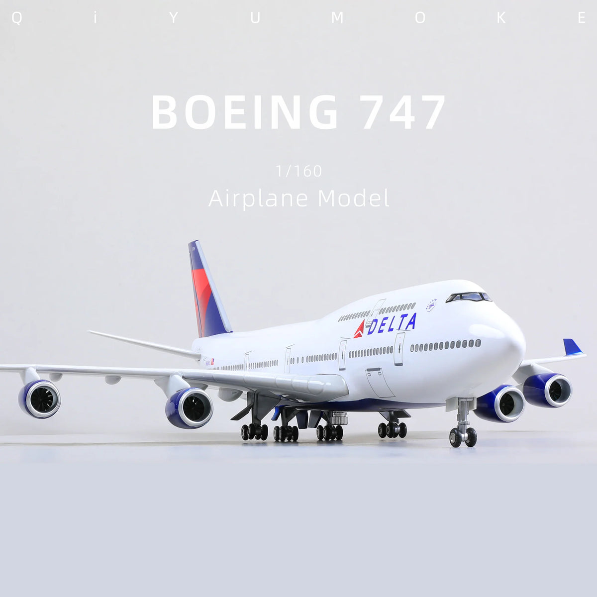 QIYUMOKE Boeing 747 Delta Airlines diecast airplane model front view showcasing details