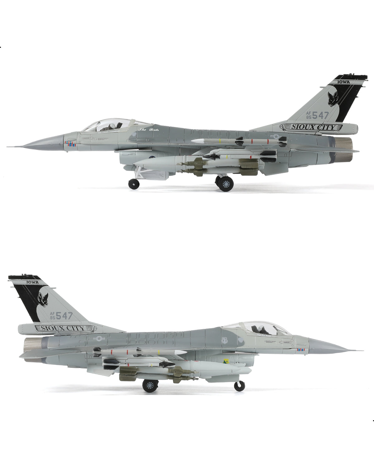 NUOTIE F-16 Fighting Falcon diecast model in black and gray, side view with weapons and details visible