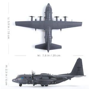 NUOTIE Model AC-130 Gunship diecast metal model aircraft in gray, top and side view with dimensions.
