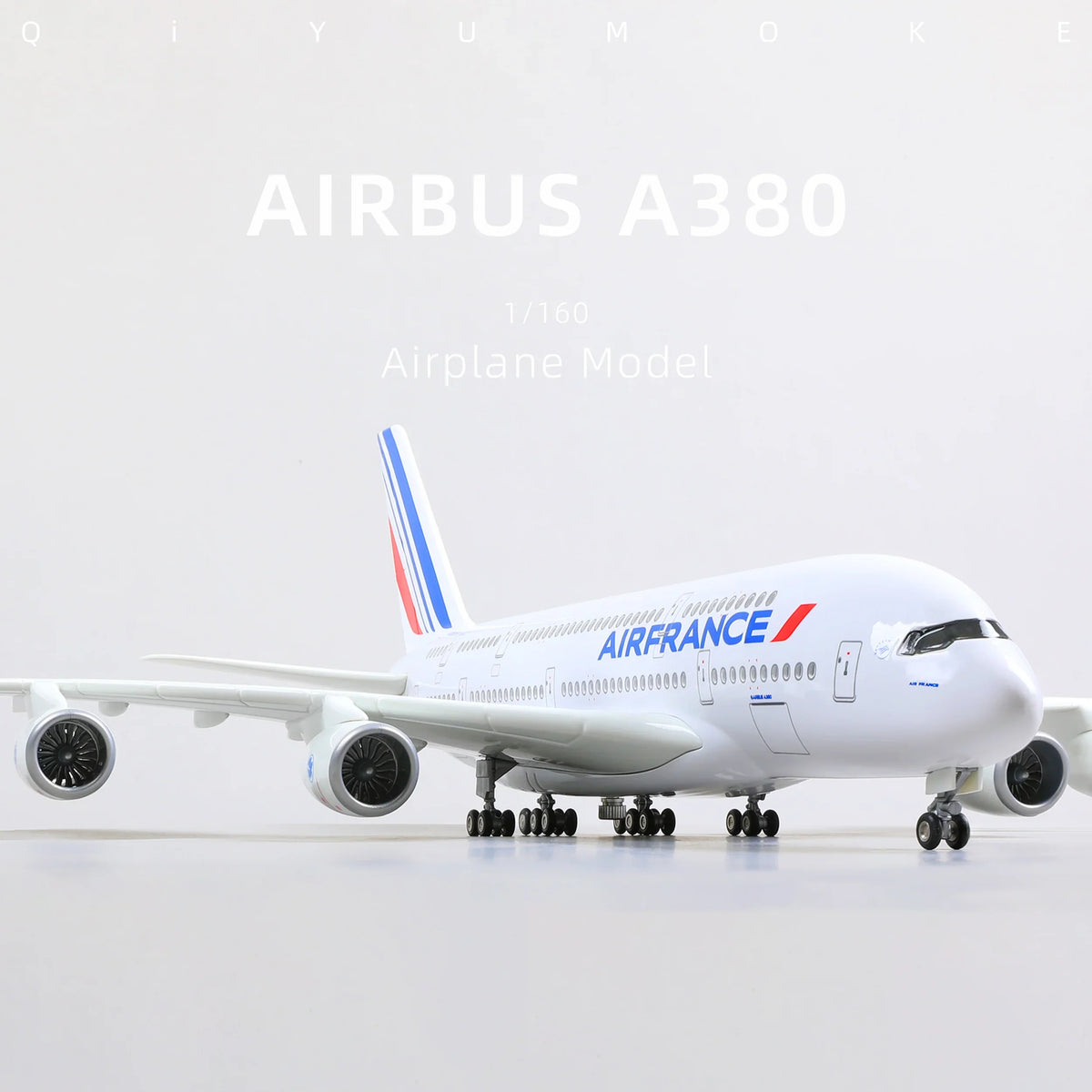 QIYUMOKE Airbus A380 model in Air France livery, front view showcasing detailed cockpit and engines.