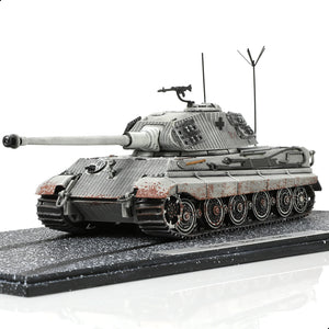 Side view of the WWII German Tiger I tank model displayed on a base with detailed paintwork.