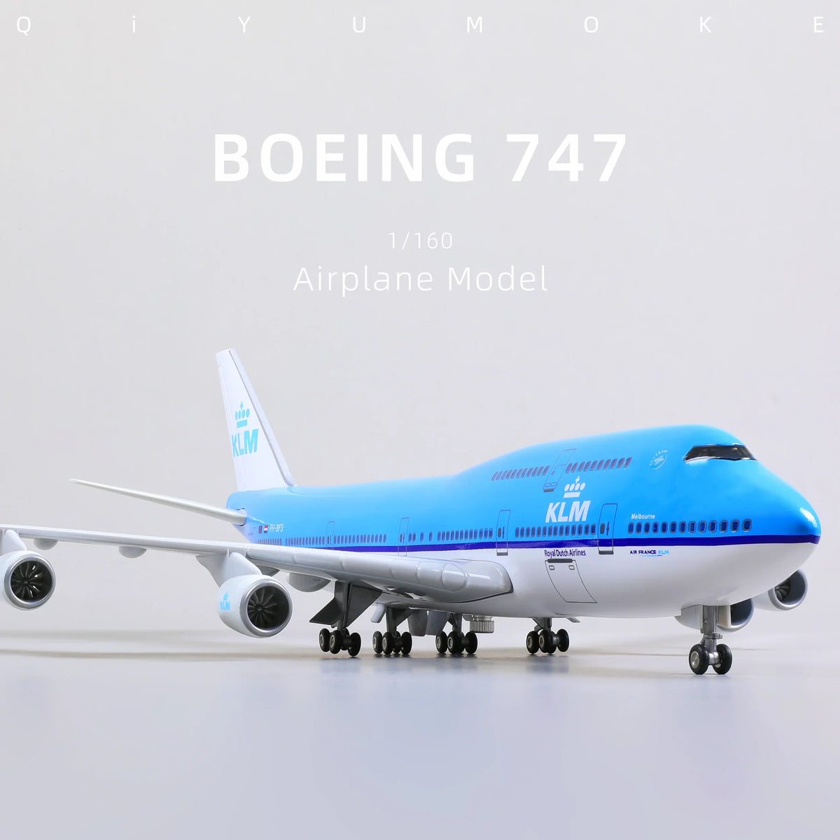 QIYUMOKE Boeing 747 KLM diecast airplane model in blue, front view with logo