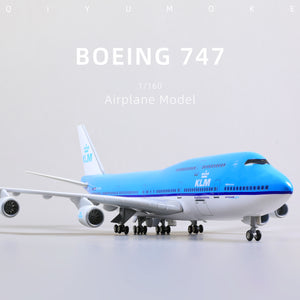 QIYUMOKE Boeing 747 KLM diecast airplane model in blue, front view with logo